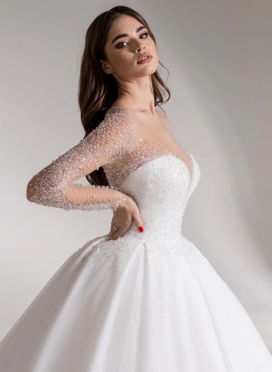 Luxurious Princesse Wedding Dress 2024 Shiny Sheer Neck Beading Crystals Long Sleeves A Line Women Bride Bridal Gowns Vestido De Novias Robe De Mariag