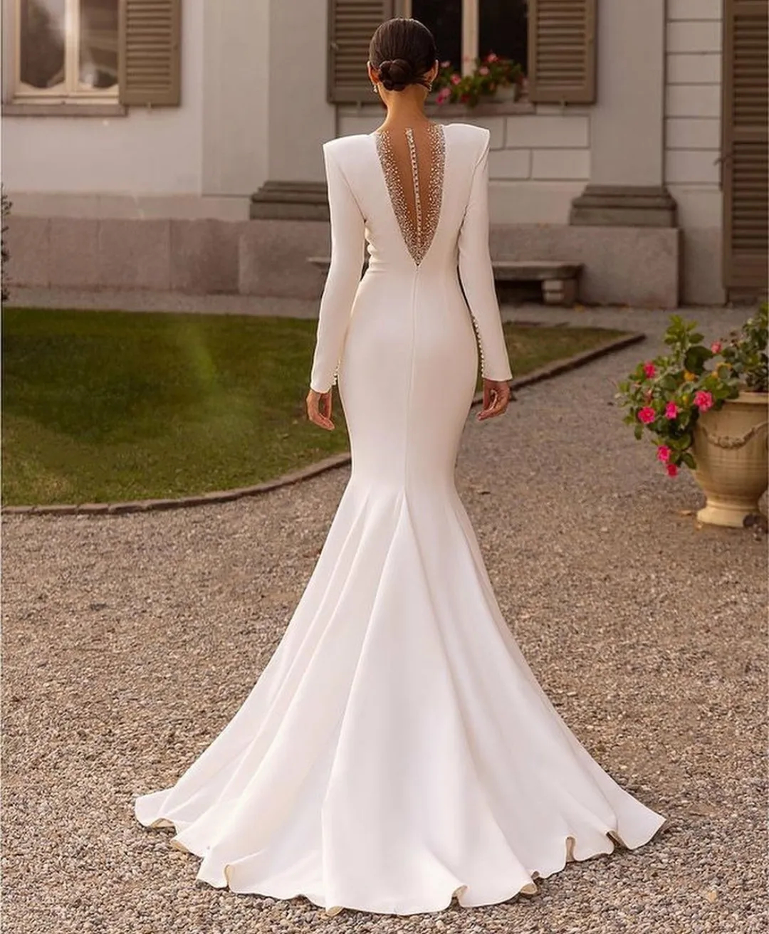 Simple Ivory Satin Mermaid Wedding Dresses Beaded Long Sleeves Elegant Second Reception Dress For Bride Sheer Deep V-Neck Illusion Back Sexy Bridal Go