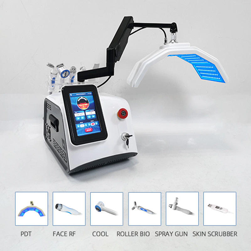 Portable Anti-aging Use 7 Colors Photodynamic LED Skin Tendering Deep Cleansing + Oxygen Spray + RF + Bio + Cold Hammer Skin Calm Relax Massage Device