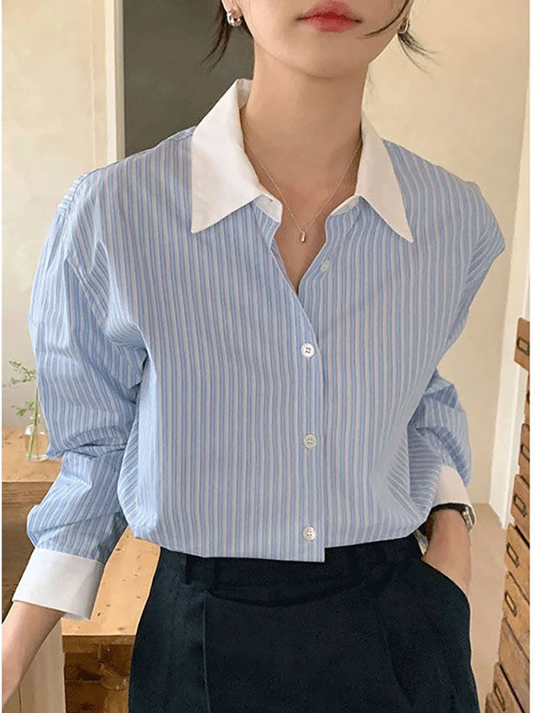 Striped Shirt Women Contrast Color Casual Blouse Female Lapel Long Sleeve Chic Shirts Ladies Fashion Loose Office Spring 240102