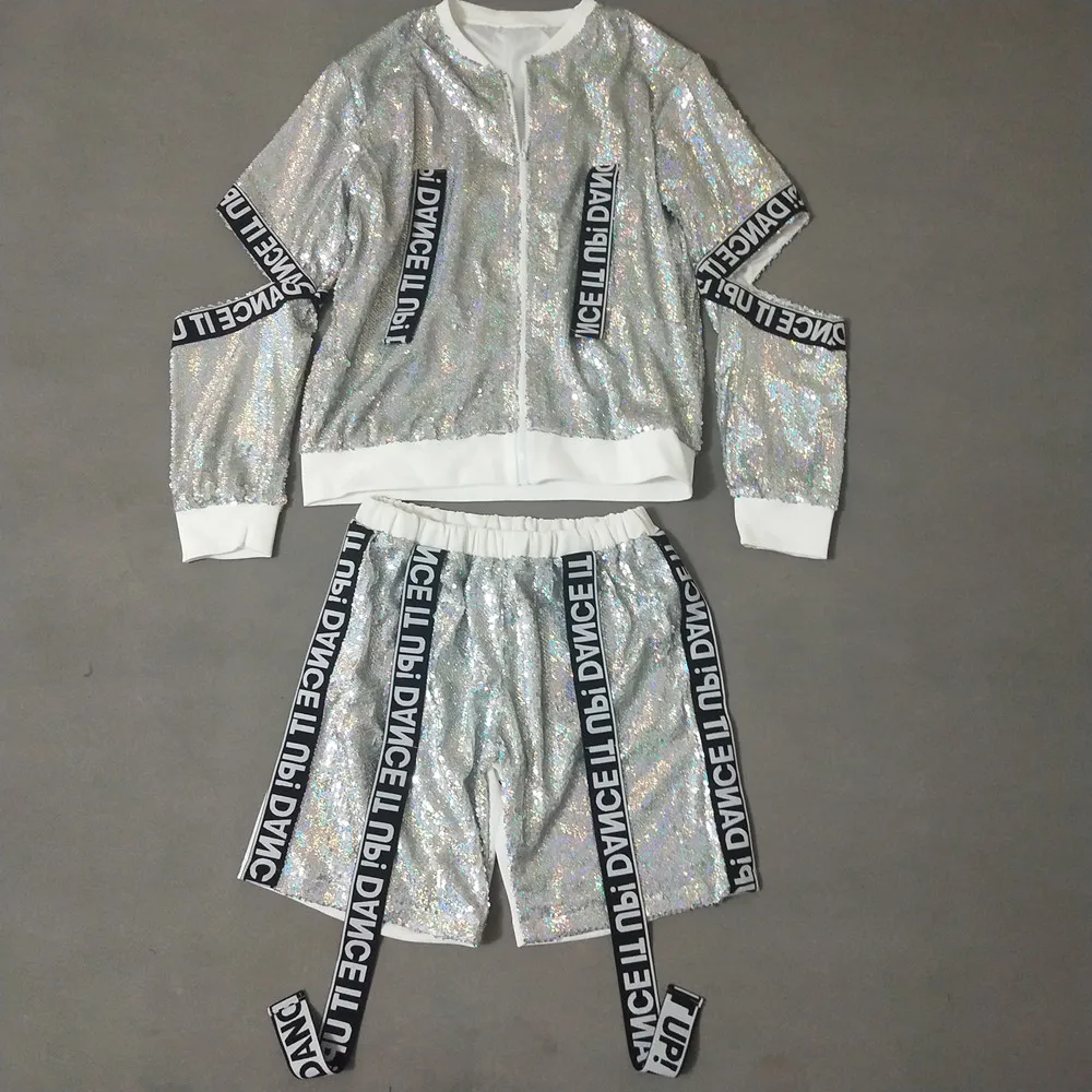 Men's Loose Silver Two-piece Set Hip Hop Dance Stage Wear Fashion Hollow Out Shiny Sequins Jacket Pants Baseball Suit Nightclub Tide Jazz Rock Pe