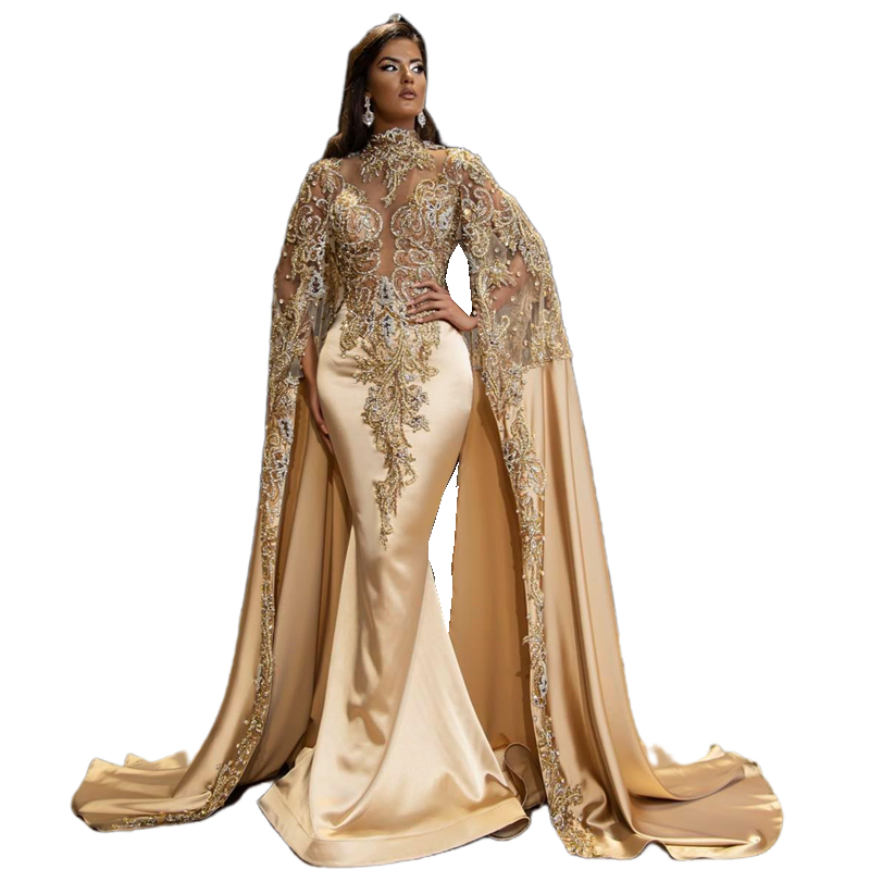 Luxury Arabic Dubai Gold Mermaid Evening Dresses Beaded Lace Appliques Illusion High Neck Cape Sleeves Elegant Long Celebrity Formal Occasion Dress Fo