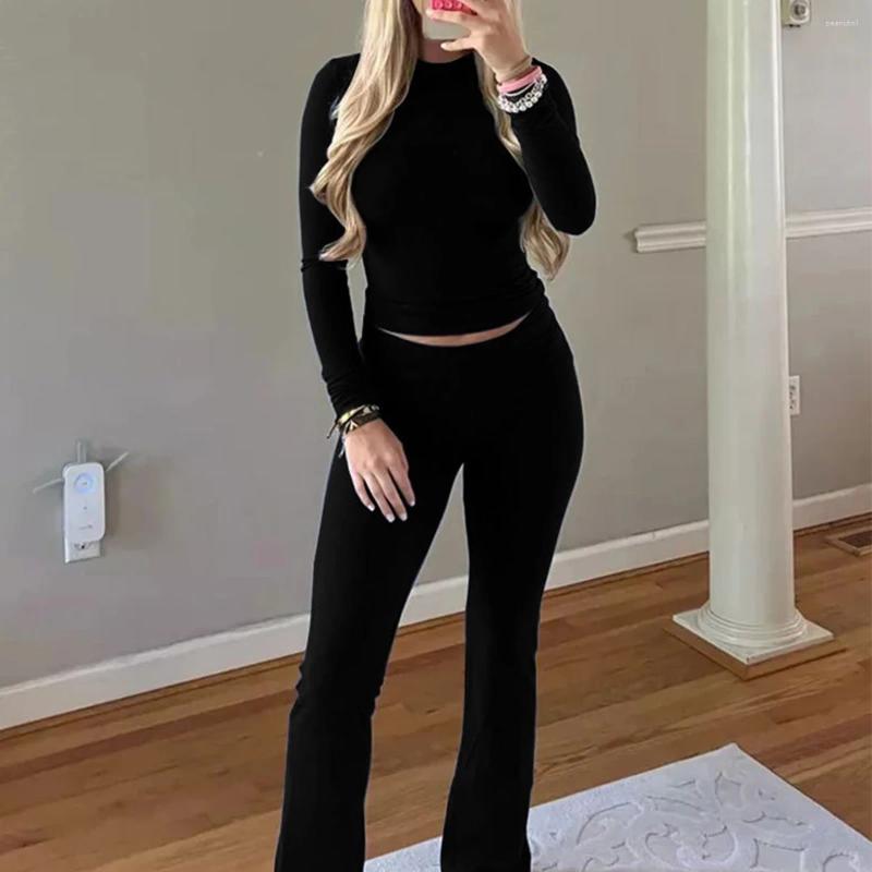 Womens Two Piece Pants Leisure Wear Flare Crop Top Set Autumn Casual Slim Fit 2 Suit Fitting Wide Leg Pant Female Vintage Cotton Lounge