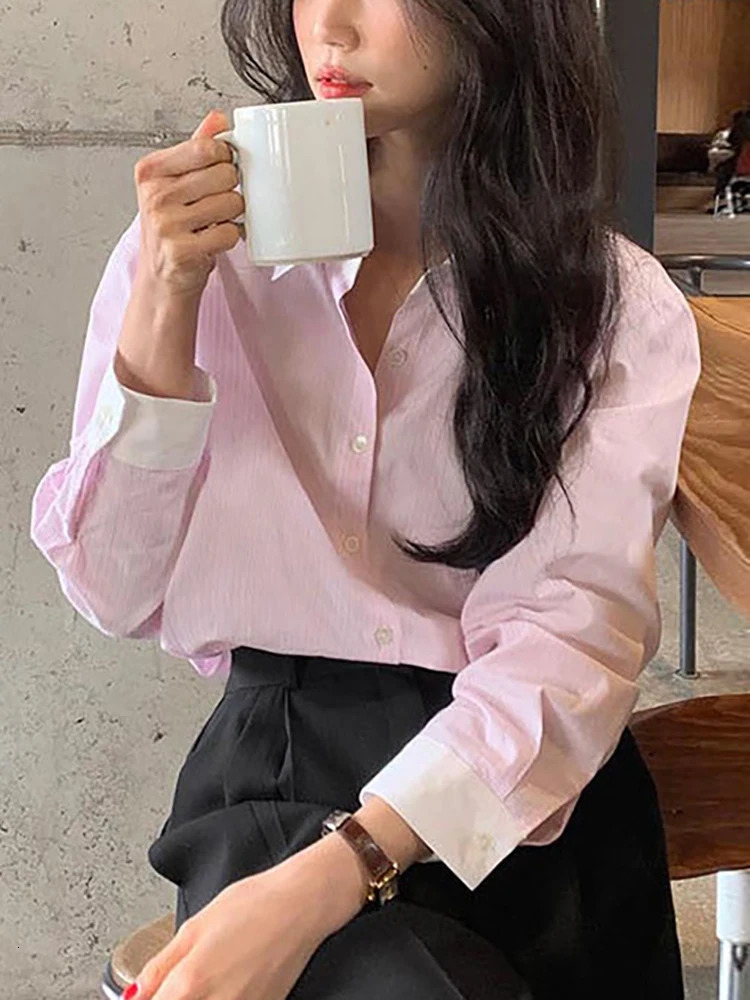 Striped Shirt Women Contrast Color Casual Blouse Female Lapel Long Sleeve Chic Shirts Ladies Fashion Loose Office Spring 240102