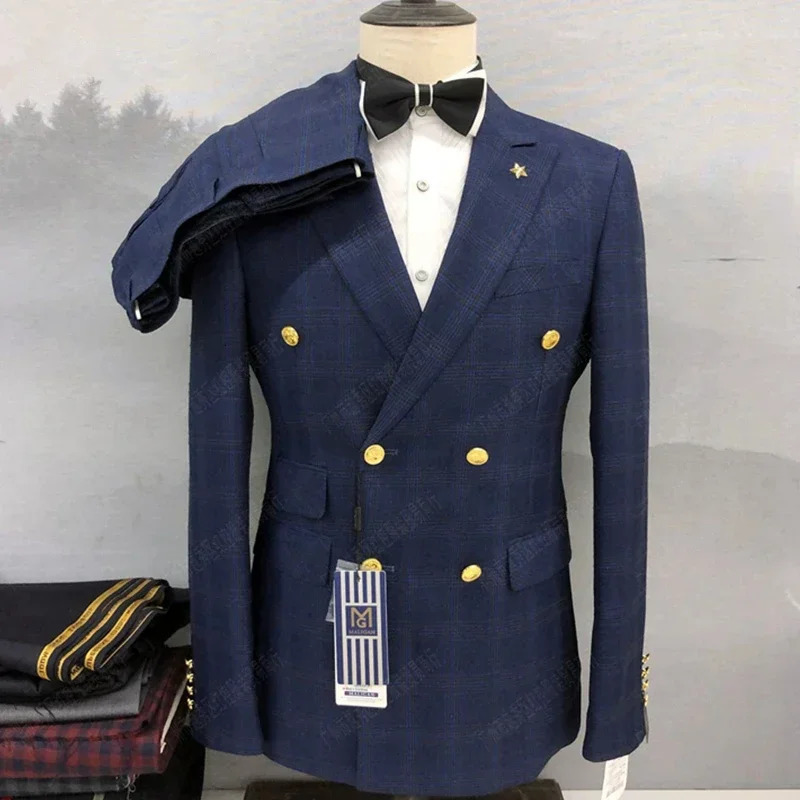 2023 Fashion Men's Leisure Boutique Double Breasted Plaid Suit 2 Piece Set Drees Blazers Jacket Pants Trousers Two Pcs 240103
