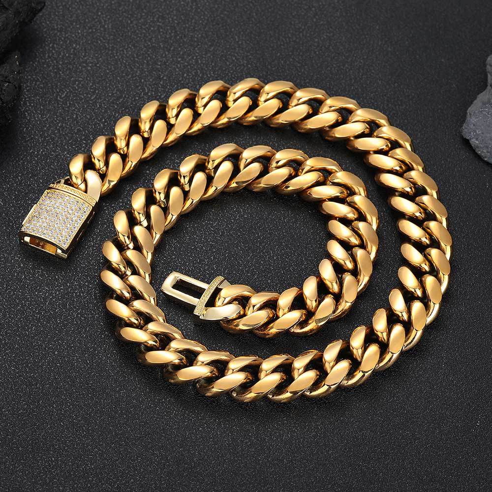 18mm Hip Hop 316L Stainless Steel Miami Cuban Chain Real Plated High Polished Mens Necklace Gold Flap buckle Jewelry Set