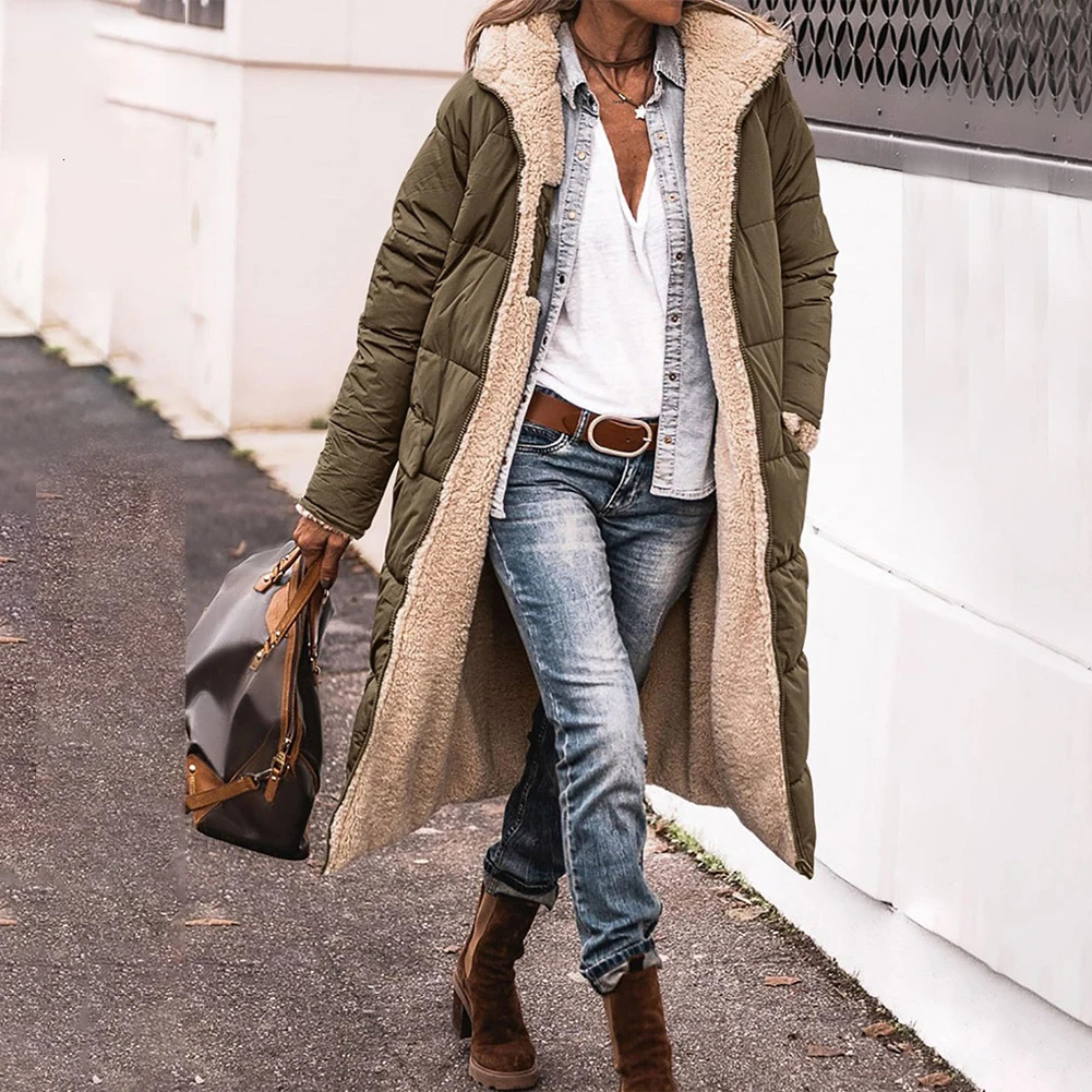 Women Long Winter Padded Jacket Double Sided Hooded Warm Coat Casual Solid Parka Overcoat Loose Elegant Female Thick Outwear 240102
