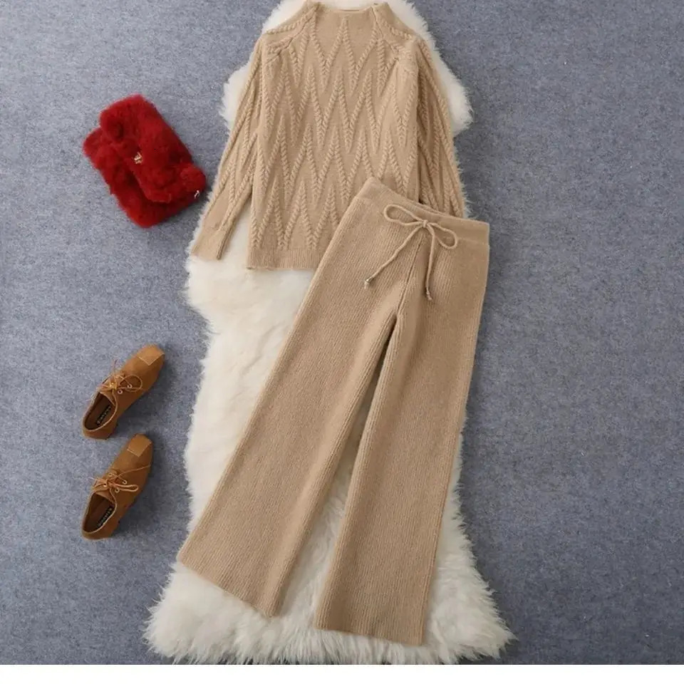 Women Knitted Two Pieces Sets Autumn Winter Casual Female Warm Suits Half Turtleneck Sweater and Trouser Tracksuits T01 240102