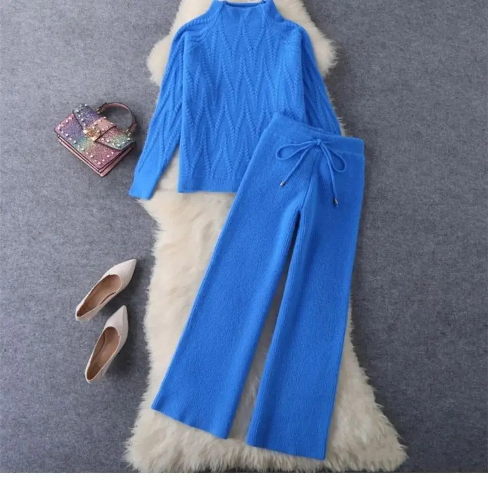 Women Knitted Two Pieces Sets Autumn Winter Casual Female Warm Suits Half Turtleneck Sweater and Trouser Tracksuits T01 240102