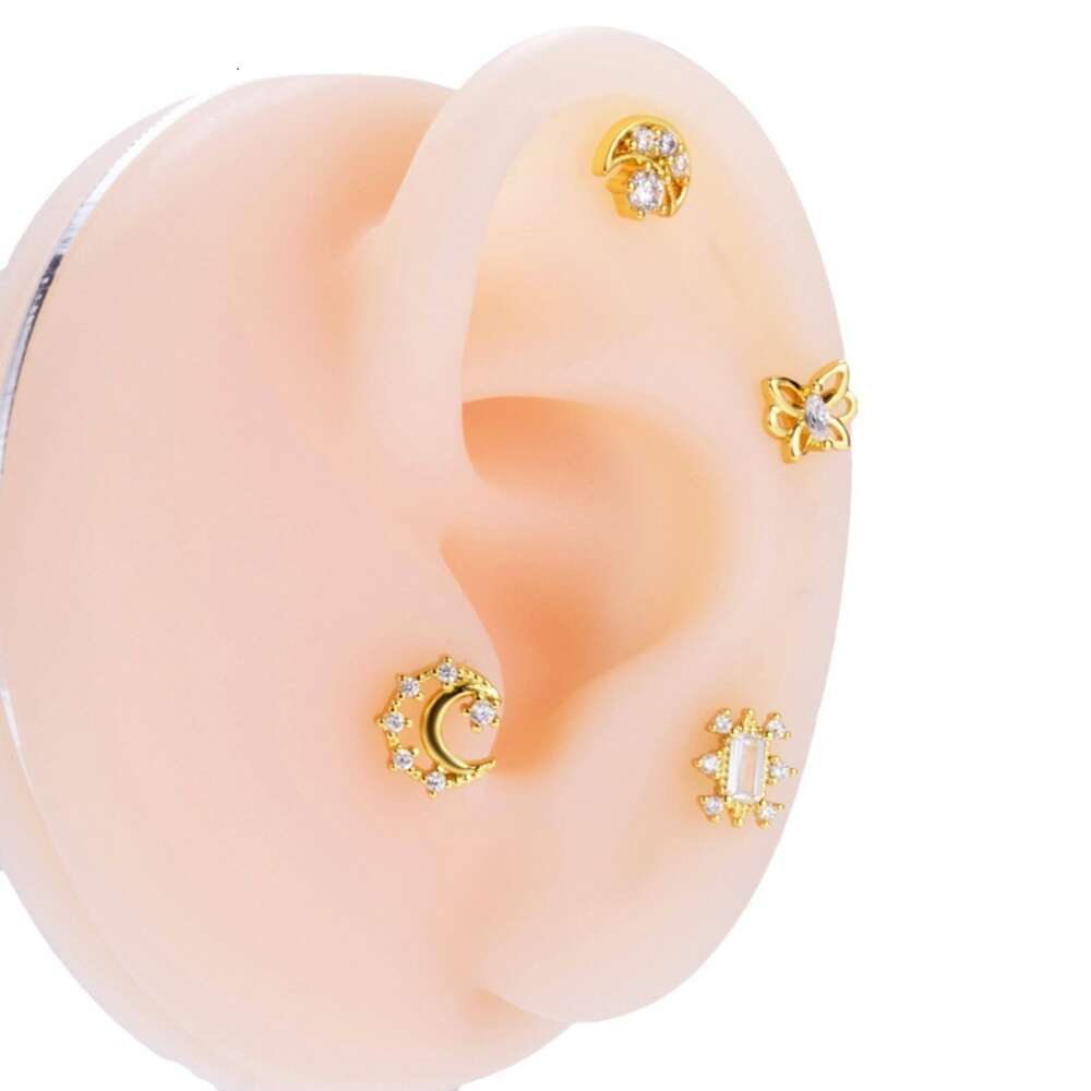 Flower Moon Star Charms Barbell Ball Earring Studs Surgical Stainless Steel Earrings Bling Cubic Zirconia Pentagram Butterfly Piercing Body Wolf Tide 