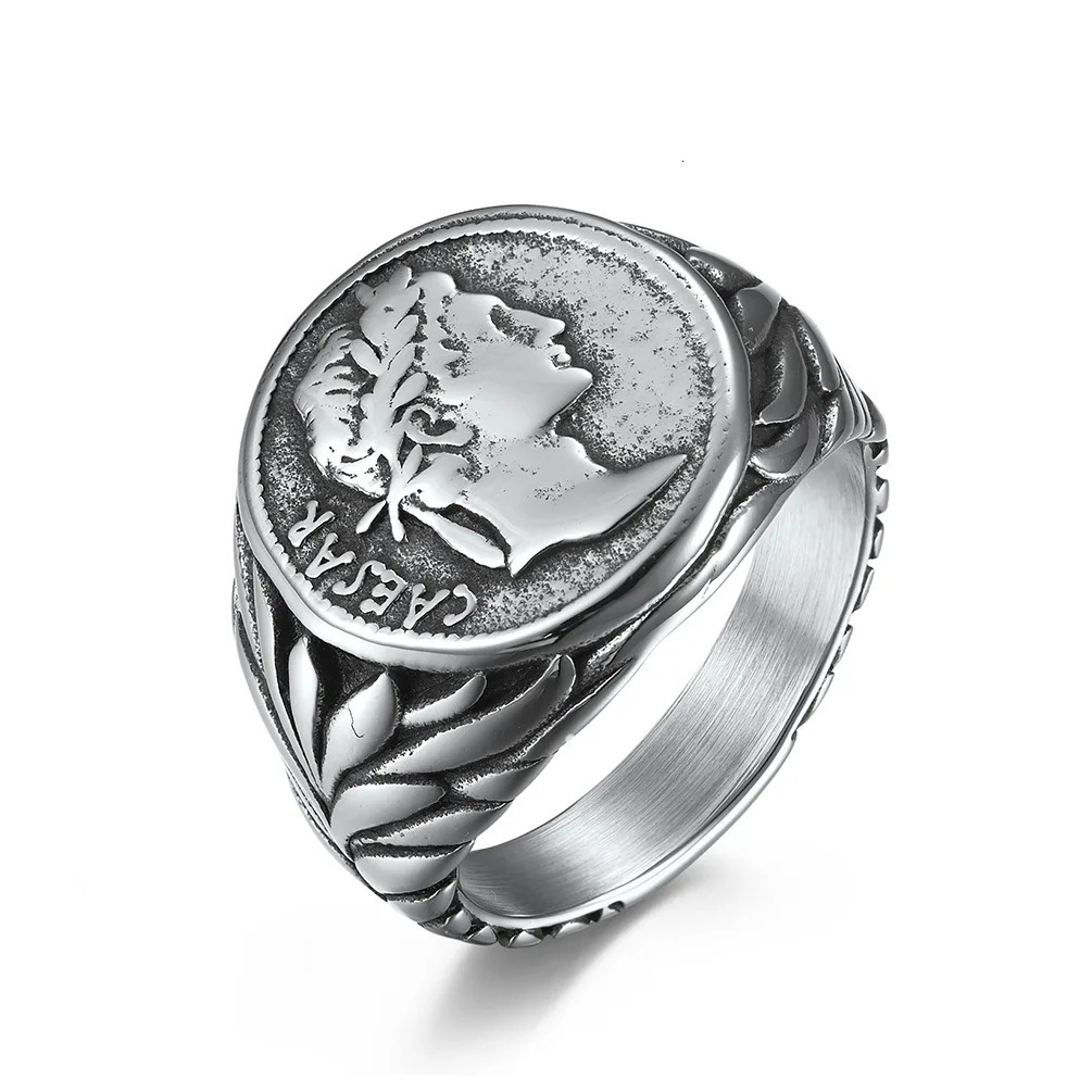 Wedding Rings Roman Gaius Julius Caesar Head Ring Vintage Stainless Steel Coin Jules Caesar Mens Warrior Jewelry Ring 240103