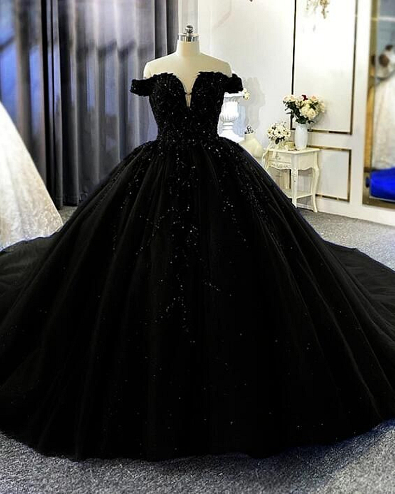 Gothic Black Wedding Dress Off The Shoulder Long Tulle Ball Gown Glitter Sequins Beaded Lace Appliques Vintage Plus Size Bridal Gowns 2024