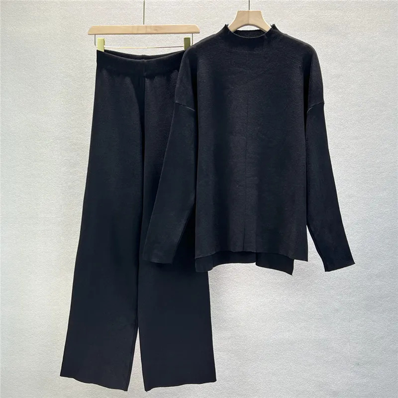 Autumn Winter Knitted 2 Pieces Set Women pullovers Sweater Outifits Casual Streetwear Tracksuit Wide Leg Pants Suit 240103