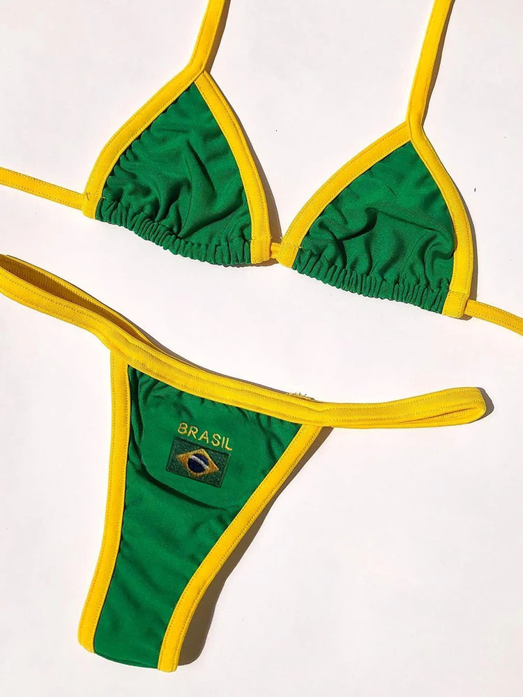 Letter Embroidery Contrast Bikini Set Women Swimwear Sexy Patchwork Swimsuit tie Outfits Y2K Bathing Suit Holiday Beachwear 240104