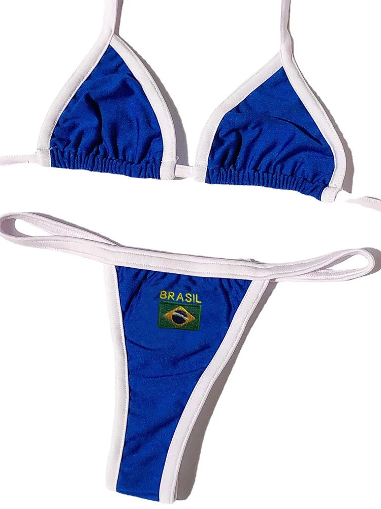 Letter Embroidery Contrast Bikini Set Women Swimwear Sexy Patchwork Swimsuit tie Outfits Y2K Bathing Suit Holiday Beachwear 240104