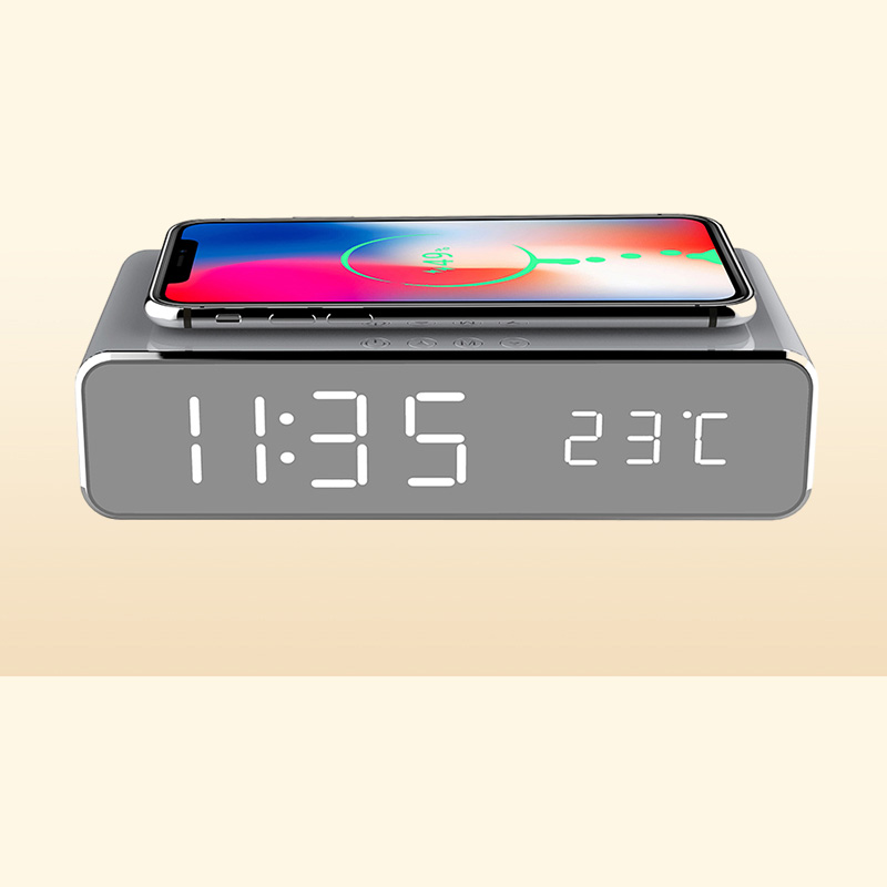 LED Electric Alarm Clock Digital Thermometer HD Mirror with Phone Wireless Charger and Date