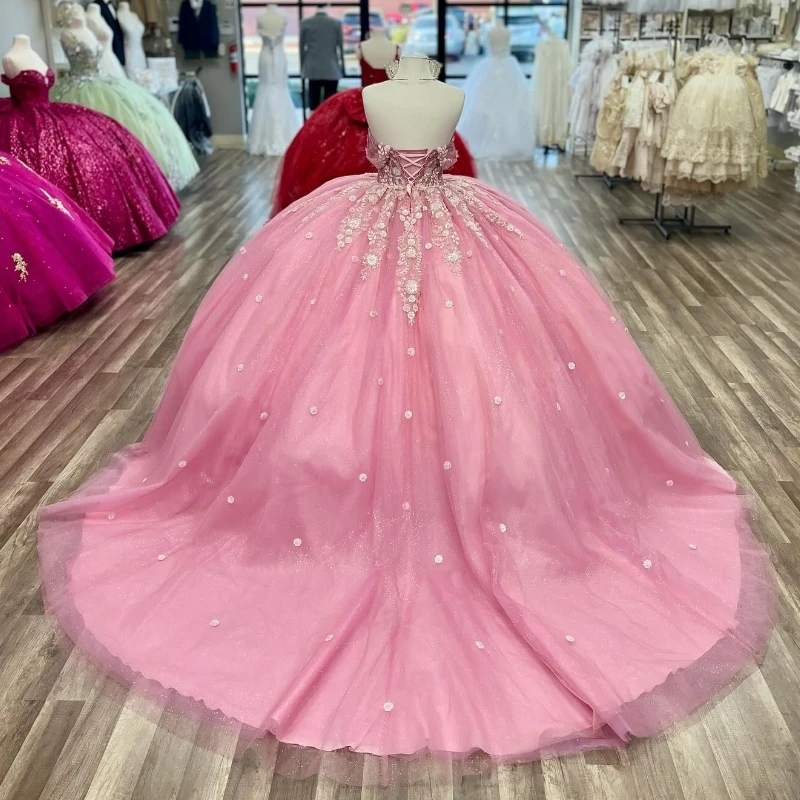 Sparkly Pink Quinceanera Dress Ball Gown Rhinestone Applique Crystal Beaded Flounced Sweet 16 Vestido De 15 Anos 0431
