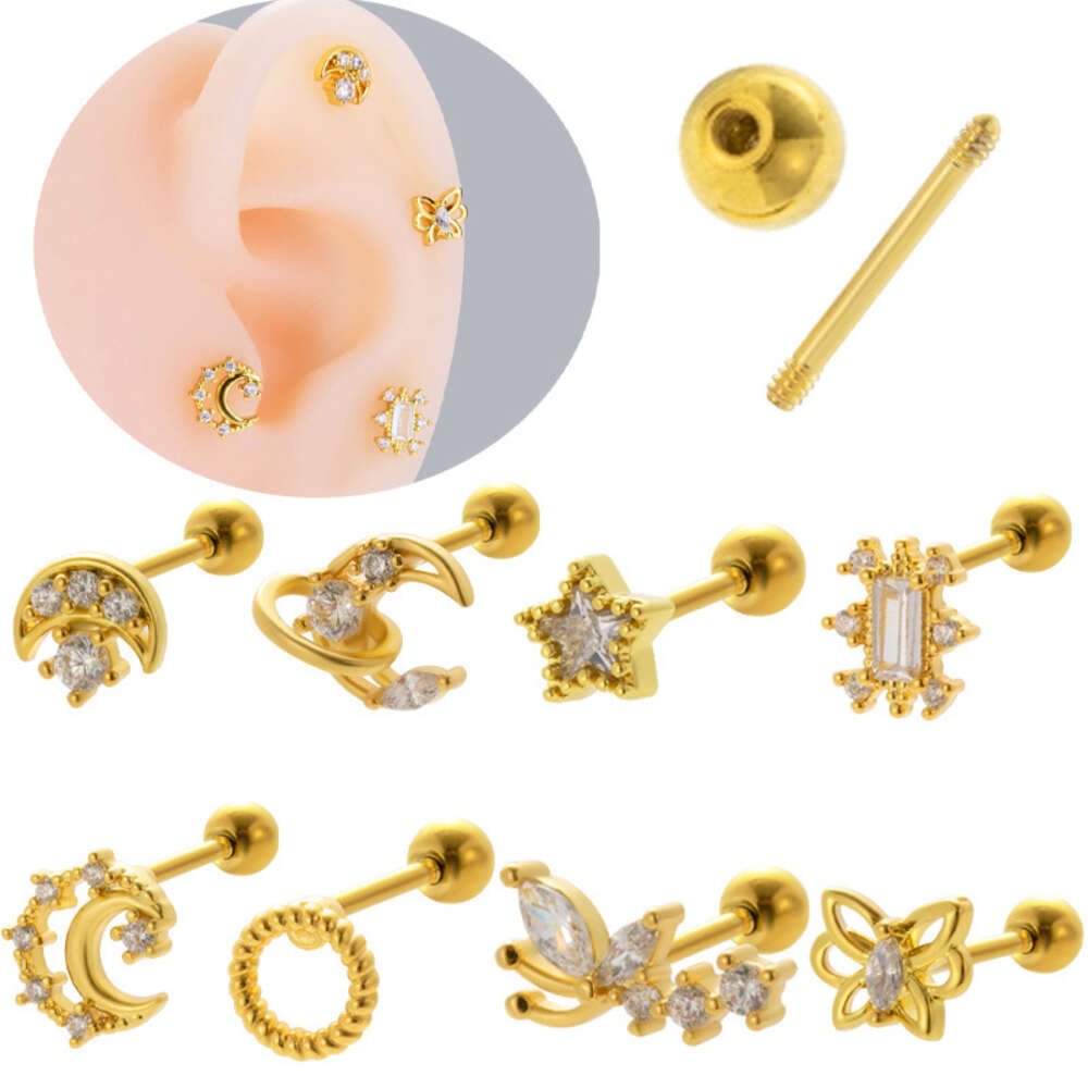 Flower Moon Star Charms Barbell Ball Earring Studs Surgical Stainless Steel Earrings Bling Cubic Zirconia Pentagram Butterfly Piercing Body Wolf Tide 