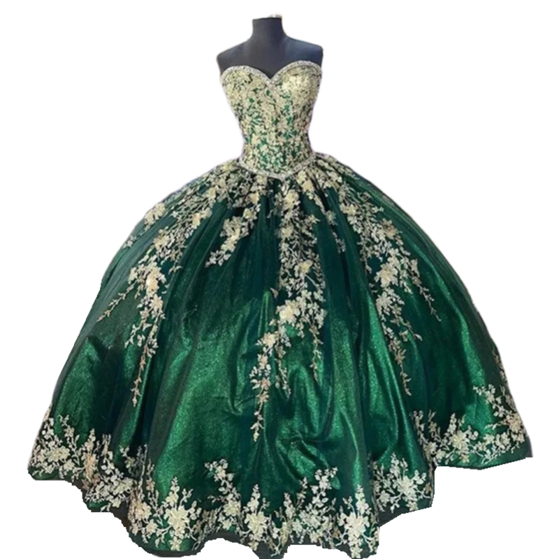 Dresses Quinceanera Emerald Green With Gold Lace Appliques Crystals Beaded 16 Party Birthday Gown For Girls 2024 Lace-Up Sweetheart Neck Princess Vest