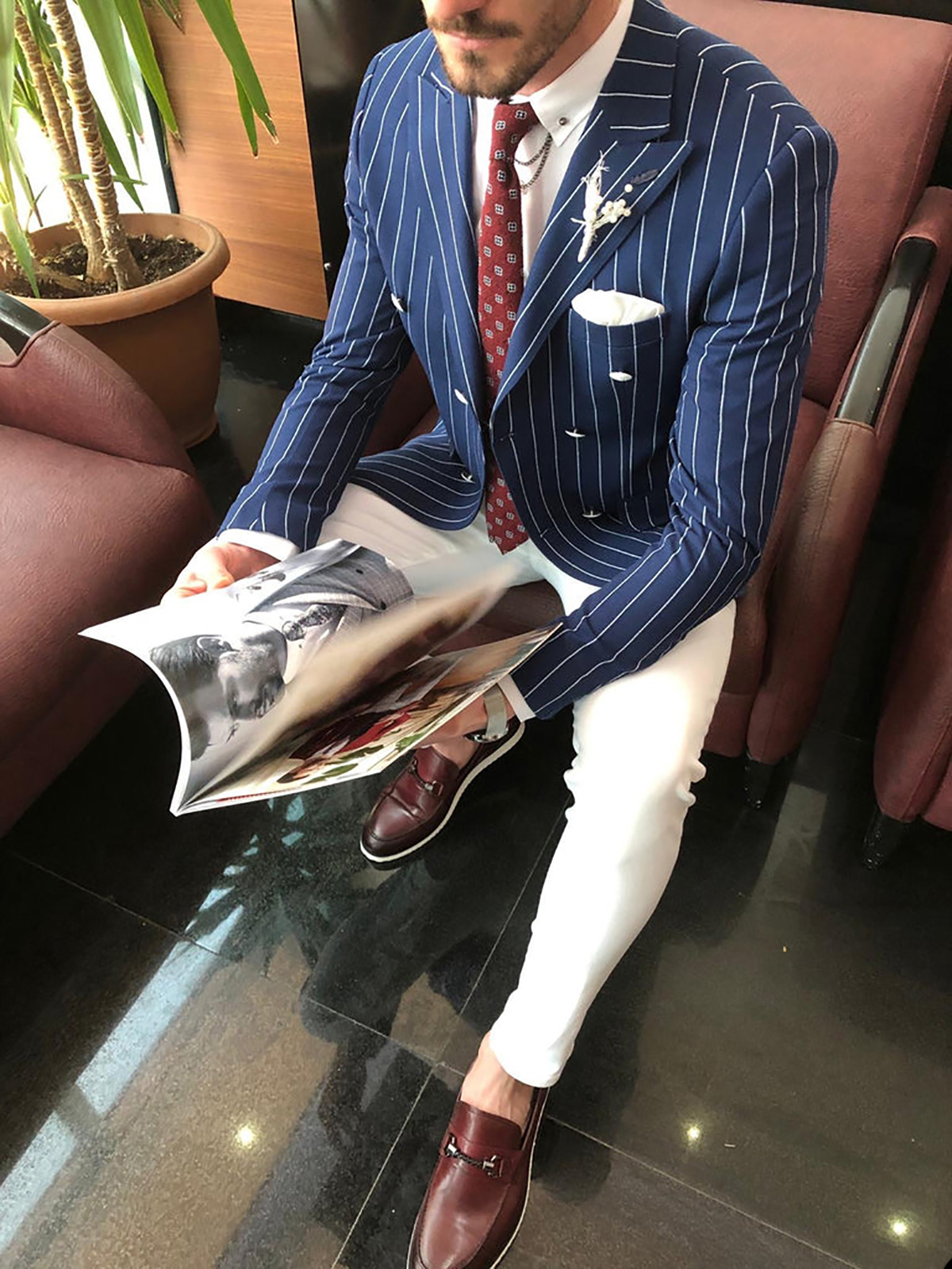 Men's Blue Striped Jacket Slim Fit Double Breasted Business Groom Party Formal Wear One Piece