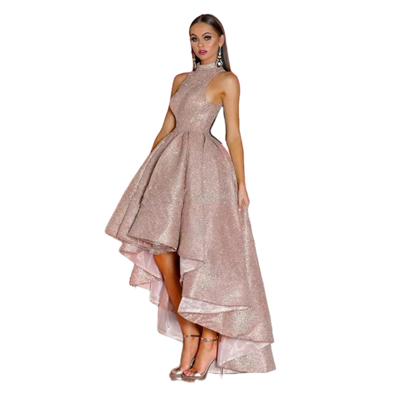 Rose Pink Sequined High Low Prom Dresses A Line Glitter Simple Homecoming Dress Sleeveless High Neck Evening Special Occasion Gown 2024