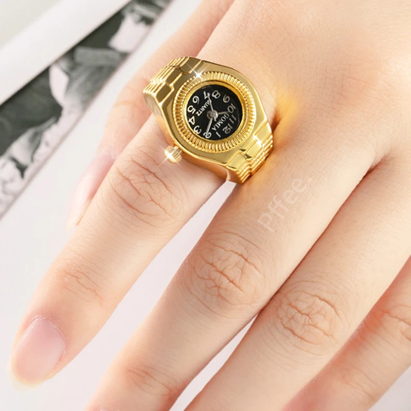 Wedding Rings Gold Couple Ring Jewelry Watch Vintage Quartz Watch Ring Mens Vintage Punk Finger Watch Mini Elastic Band 240103