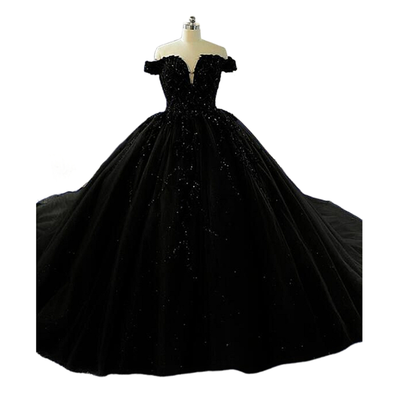 Gothic Black Wedding Dress Off The Shoulder Long Tulle Ball Gown Glitter Sequins Beaded Lace Appliques Vintage Plus Size Bridal Gowns 2024
