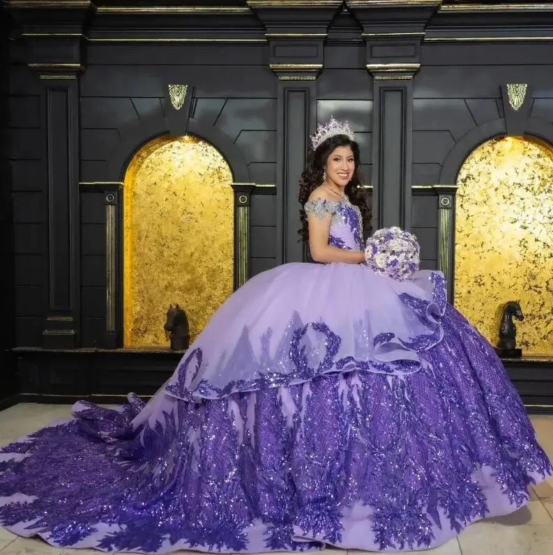 Quinceanera Purple Shiny Dresses 2024 Lace Appliques Beads Mexican Sweet 16 Ball Gown Vestidos Butantes 15 Anos 322