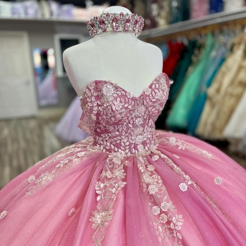 Sparkly Pink Quinceanera Dress Ball Gown Rhinestone Applique Crystal Beaded Flounced Sweet 16 Vestido De 15 Anos 0431