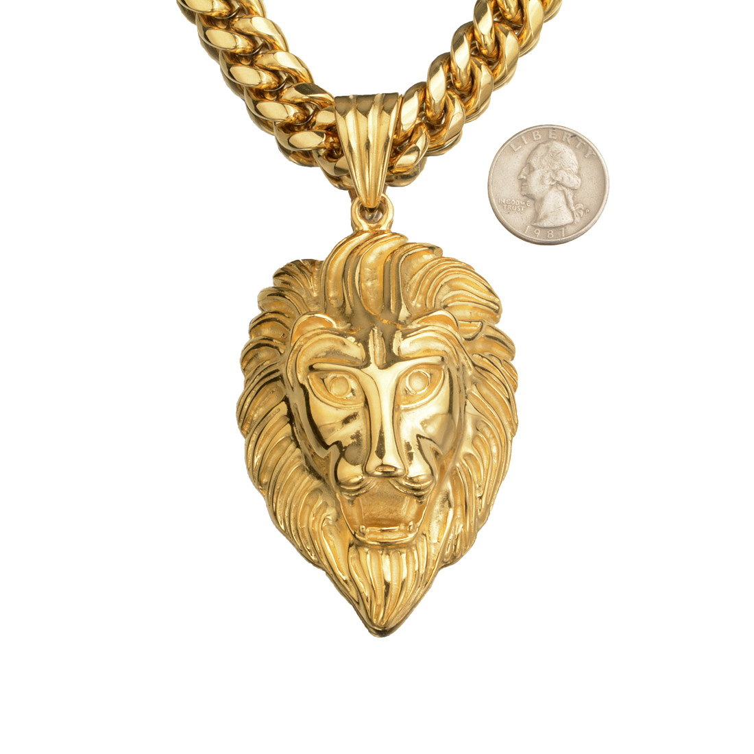 Hip Hop Stainless Steel Large Lion Head Pendant with 14mm Cuban Chain Necklace TopBling 18k Gold Plated Mens Jewelry