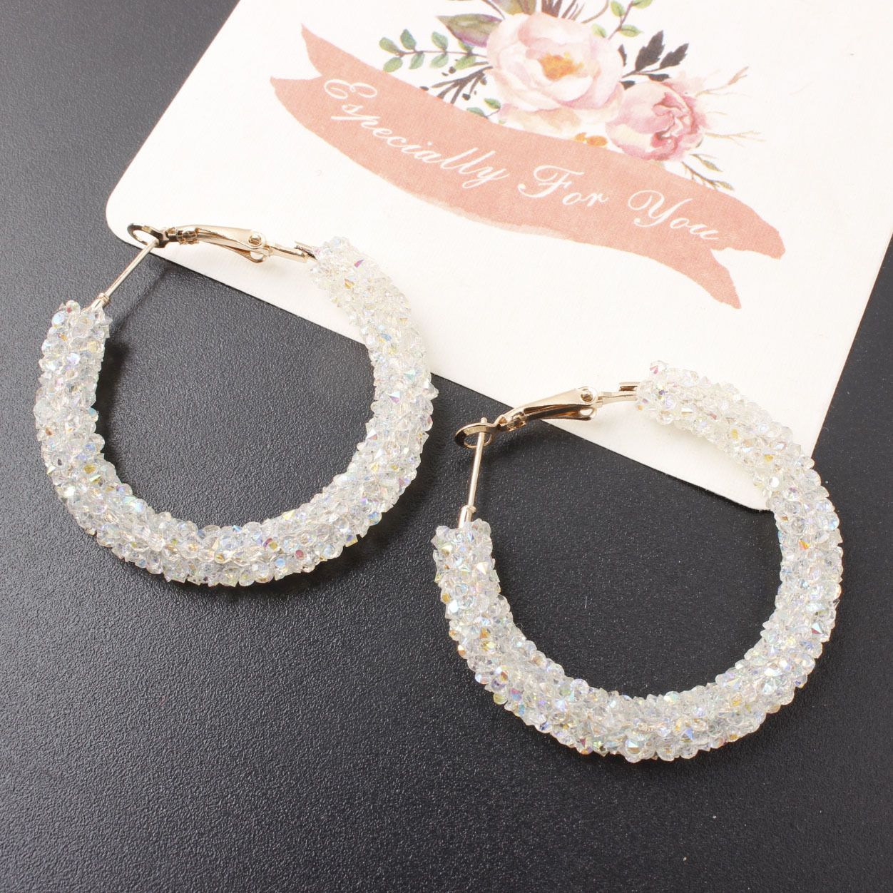 Bohemian 18K Gold Plated Metal Resin Hoop Earrings for Women Circle Clip on Dangle Earring Ear Drop Bridal Wedding Jewelry