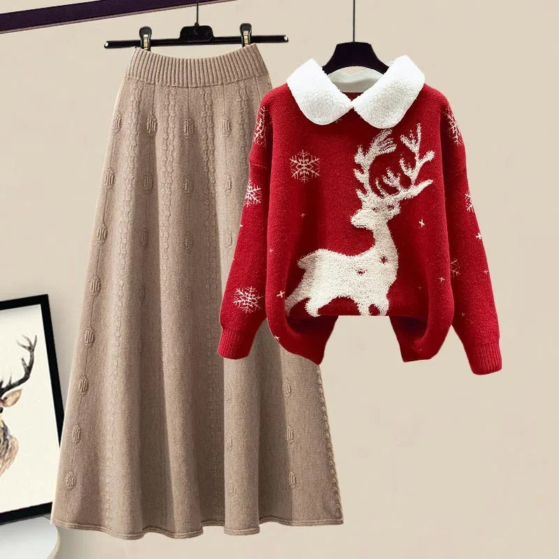 Large Womens Autumn and Winter Set Fashionable Knitted Sweater Slim Versatile Half Skirt Two Piece 240103
