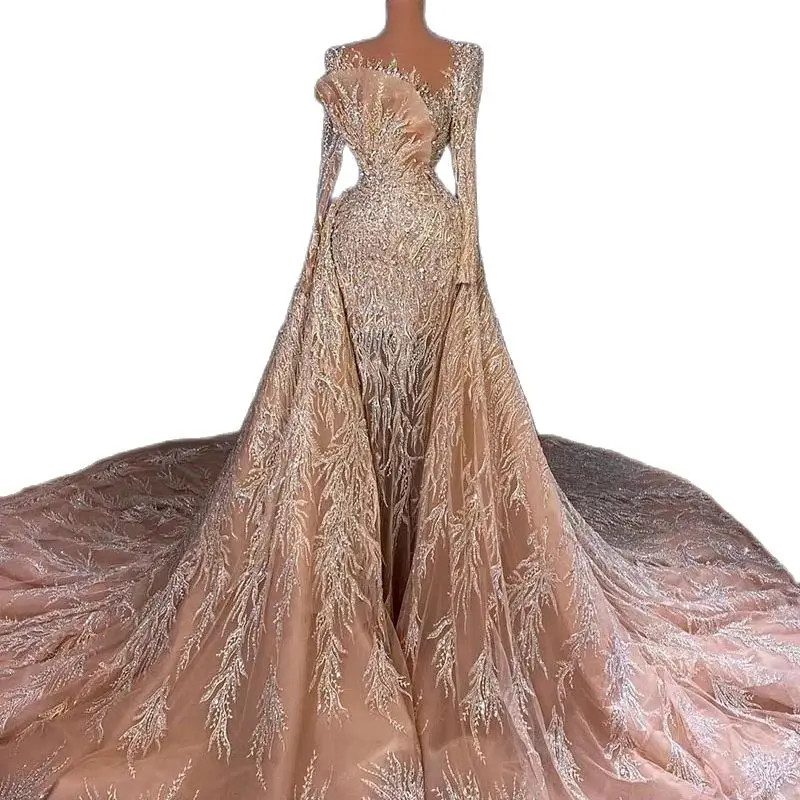 Luxurious Beading Evening Dresses Saudi Arabia Full Sleeve Lace Formal Dress For Women Prom Gowns Celebrity Robe De Soiree