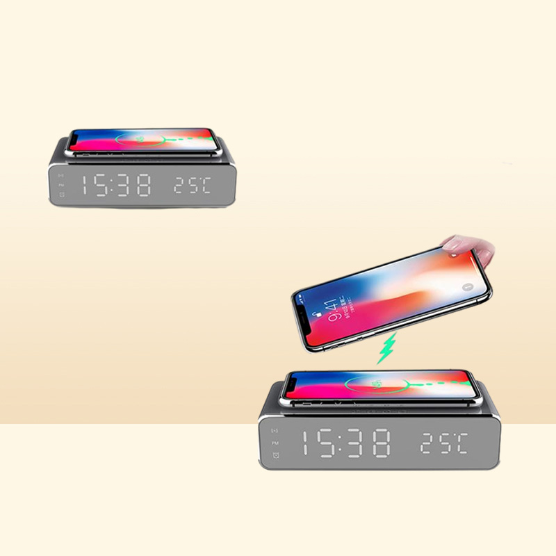 LED Electric Alarm Clock Digital Thermometer HD Mirror with Phone Wireless Charger and Date