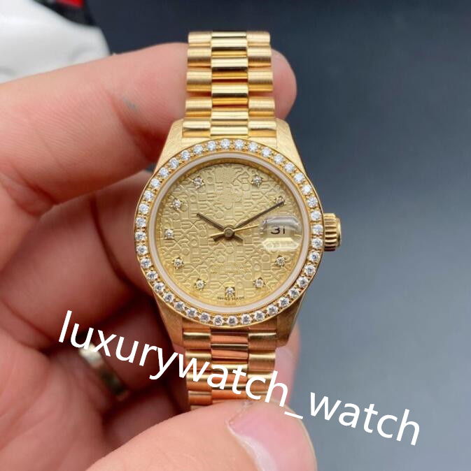 Klassiek diamanten dameshorloge 69178 26 mm patroon wijzerplaat saffier spiegel automatisch 18k geel goud stalen armband dameshorloges met doos