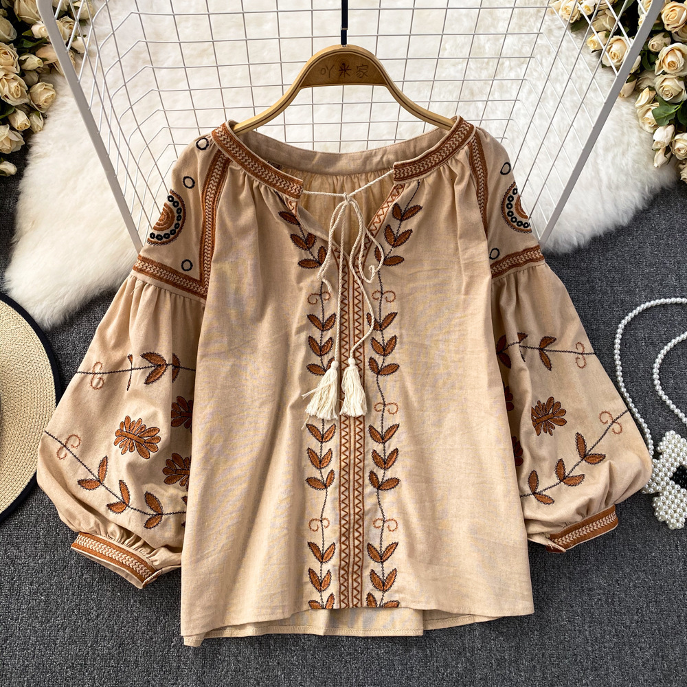 Boho Ral Embroidered Cotton Blouse With Tassels - Loose Fit, Long Lantern Sleeves, Casual Hippie Top For Women White, Black, Khaki B4