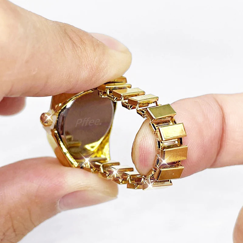 Wedding Rings Gold Couple Ring Jewelry Watch Vintage Quartz Watch Ring Mens Vintage Punk Finger Watch Mini Elastic Band 240103