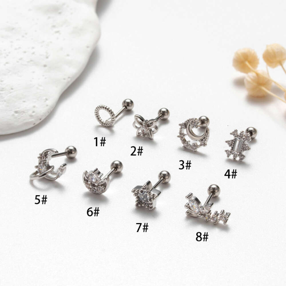 Flower Moon Star Charms Barbell Ball Earring Studs Surgical Stainless Steel Earrings Bling Cubic Zirconia Pentagram Butterfly Piercing Body Wolf Tide 