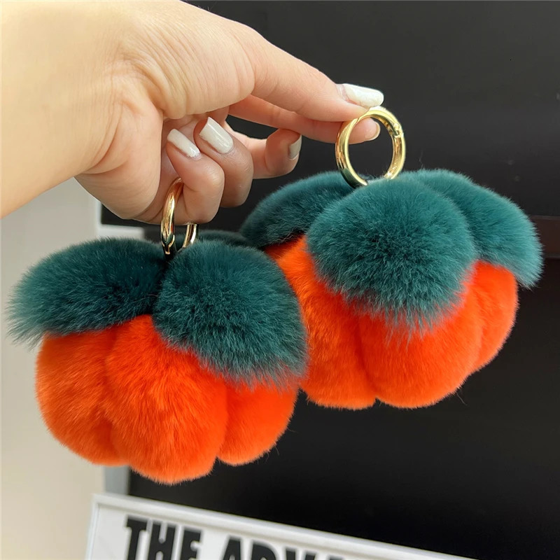 Plush Ball Real Rex Rabbit Fur Keychain Cute Pumpkin Toy Trinket Women Handbag Pendant Car Keyring Metal Ring Ornament Girl Gift 240103