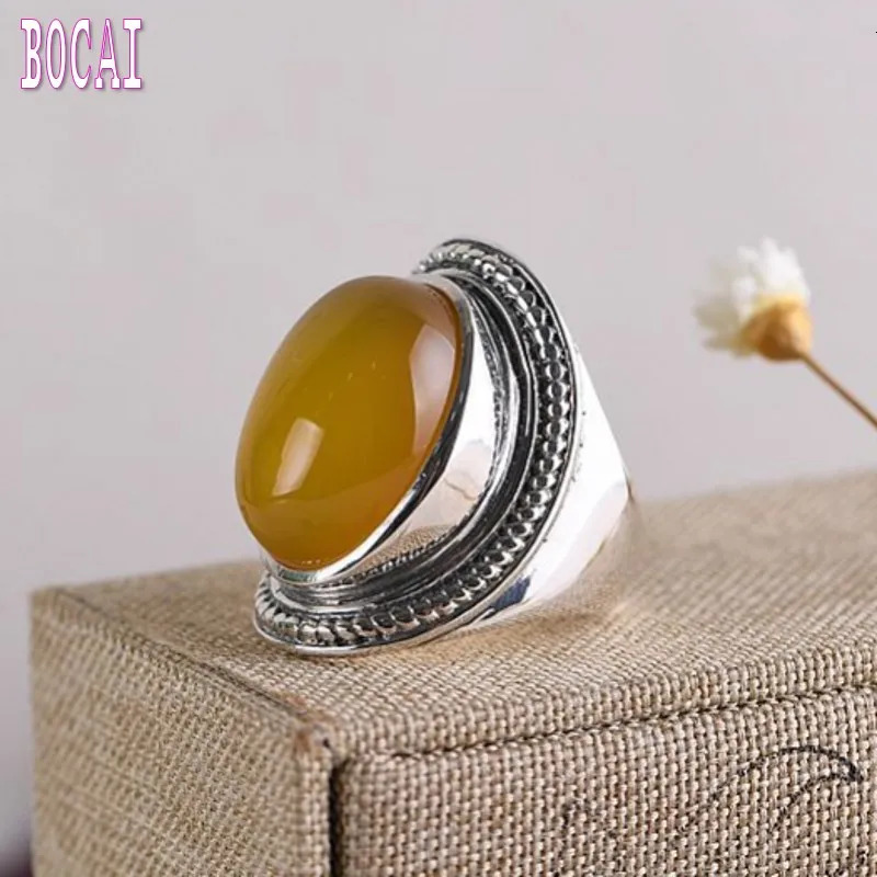 S925 Silver Jewelry Vintage Thai Silver Women's Silver Ring Temperament Plain Inlaid Oval Natural Yellowstone Ring 240103