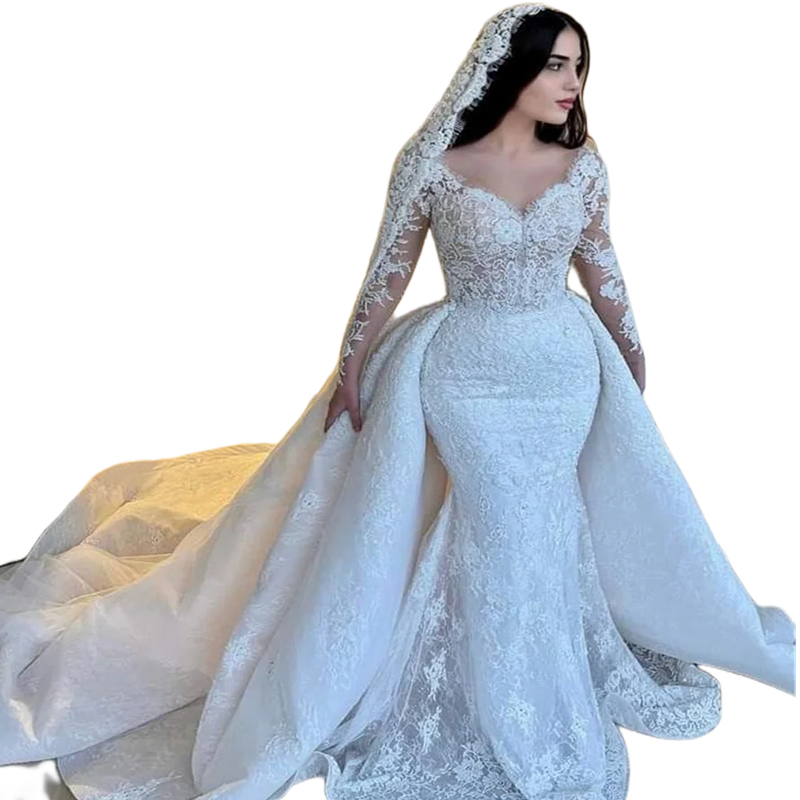 Gorgeous Ivory Lace Mermaid Wedding Dress With Detachable Train Long Sleeves V-Neck Luxury Church Bridal Gowns 2024