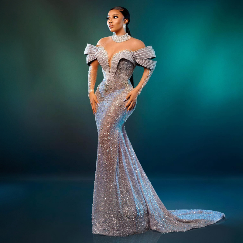Plus Size Aso Ebi Prom Mermaid Long Sleeves High Neck Rehinestones Lace Formal Elegant Evening Dresses for Black Women Birthday Party Dress Guest Gown