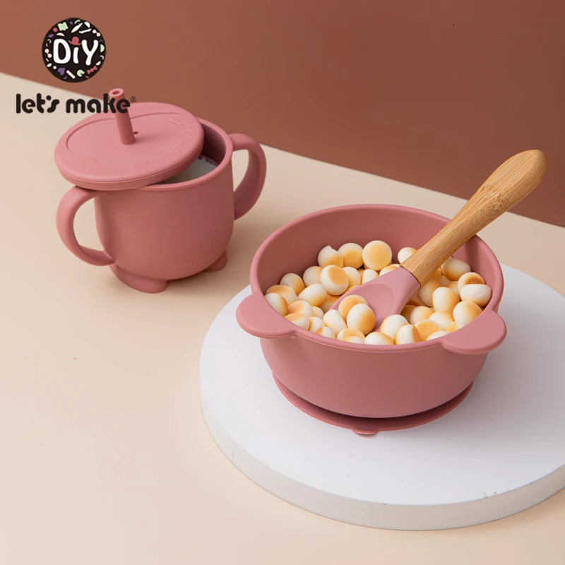 Solid Colour Kids Tableware Set Portable Baby Silicone Plate Bowl cup Toddler Feeding Sucker Infant Dishs With Silica Gel Spoon 240104