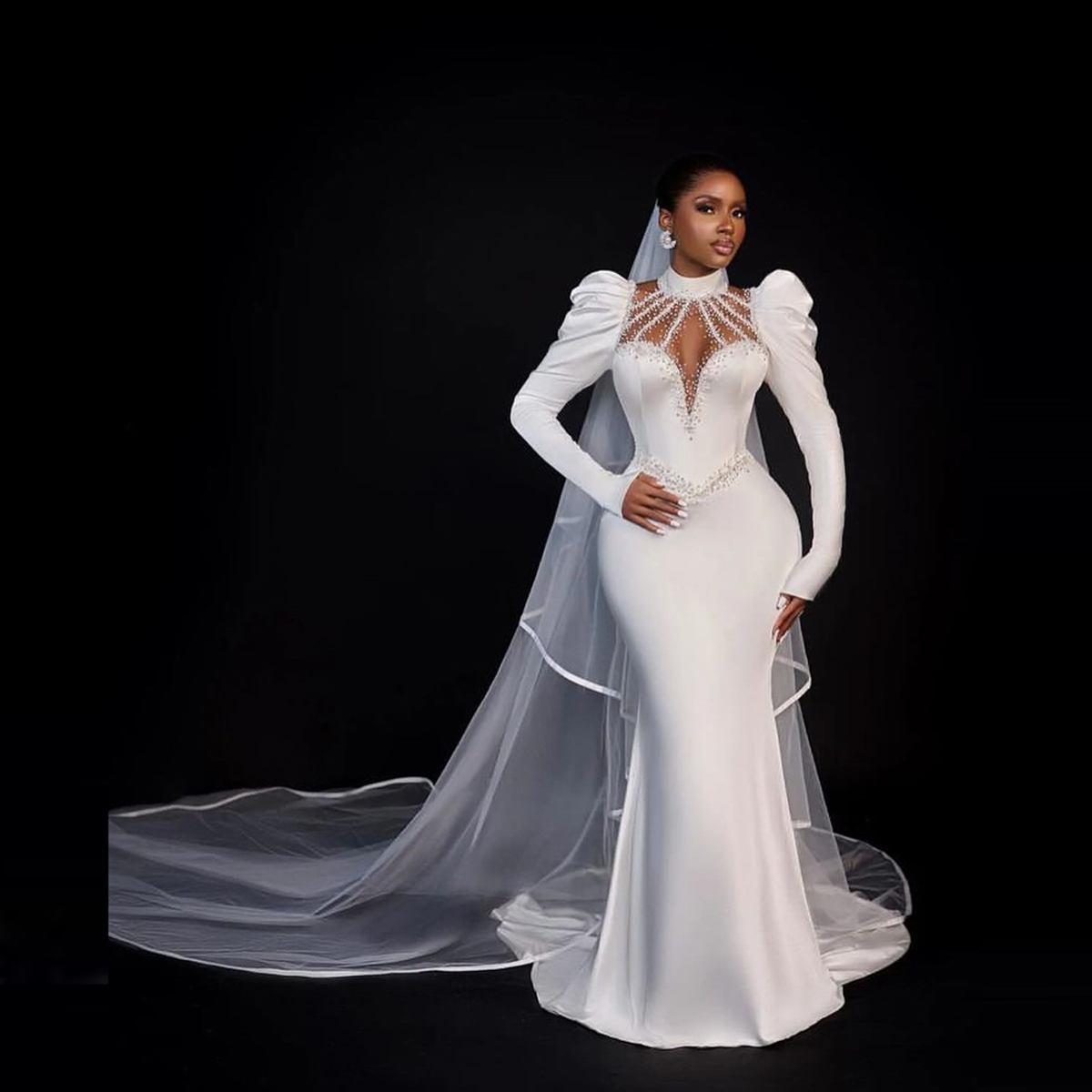 Graceful Beaded Collar Mermaid Wedding Dresses for Bride Sequins Long Sleeves Satin Bridal Dress 2024 vestidos de novia