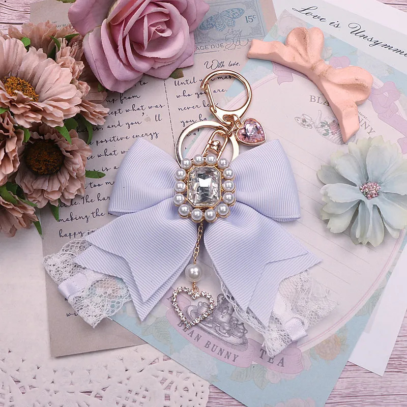 Handmade Japanese Style Girls Big Bow Rhinestone Lace Keychain Sweet Cute Handbag Pendants Lolita Keyrings Bag Charms 240103