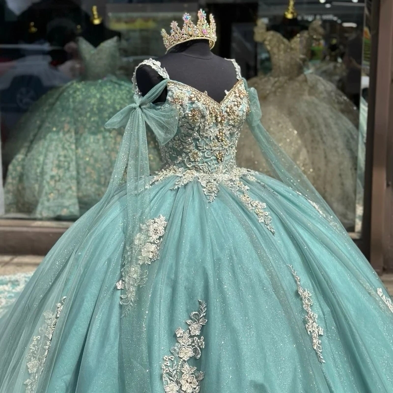 Light Green Quinceanera Dresses Lace Applique Beads Off The Shoulder With Cape Sweet 16 Dress Vestido De 15 Anos Prom Gown 0431