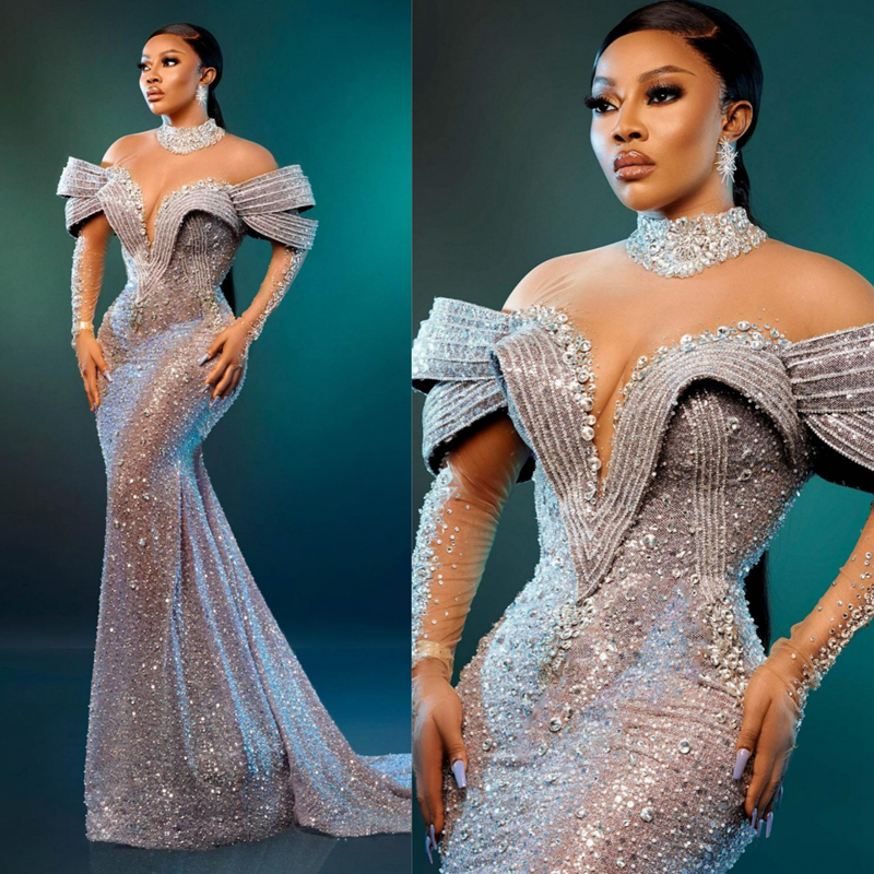 Plus Size Aso Ebi Prom Mermaid Long Sleeves High Neck Rehies Lace Formal Elegant Evening Dresses for Black Women Birthday Party Dress Guest Gowns AM33
