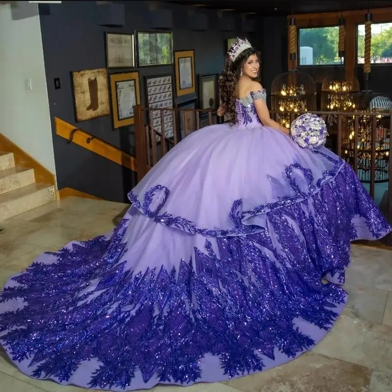 Quinceanera Purple Shiny Dresses 2024 Lace Appliques Beads Mexican Sweet 16 Ball Gown Vestidos Butantes 15 Anos 322