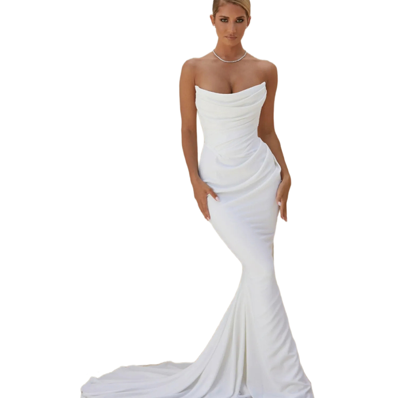 White Simple Satin Mermaid Wedding Dresses Sleeveless Long Sexy Bridal Gowns Pleats Strapless Beach Bride Dress Summer