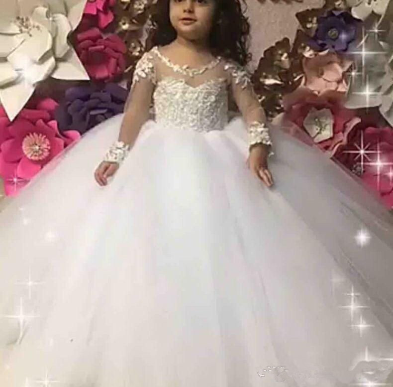 2024 Bling Cute Flower Girl Dresses For Weddings Jewel Neck Illusion Lace Appliques Beads Long Sleeves Ball Gown Tulle Girls Pageant Dress Kids Commun
